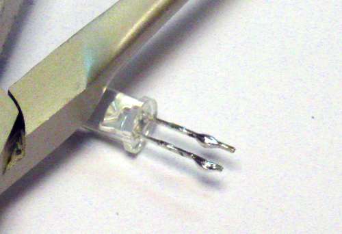 Closeup of LED with leads tinned