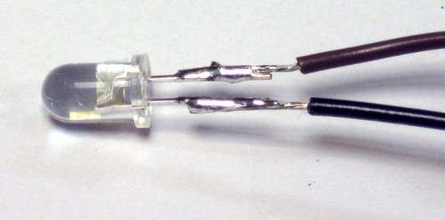LED leads soldered to wires