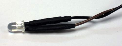 Finished LED with attached wires and heat shrink